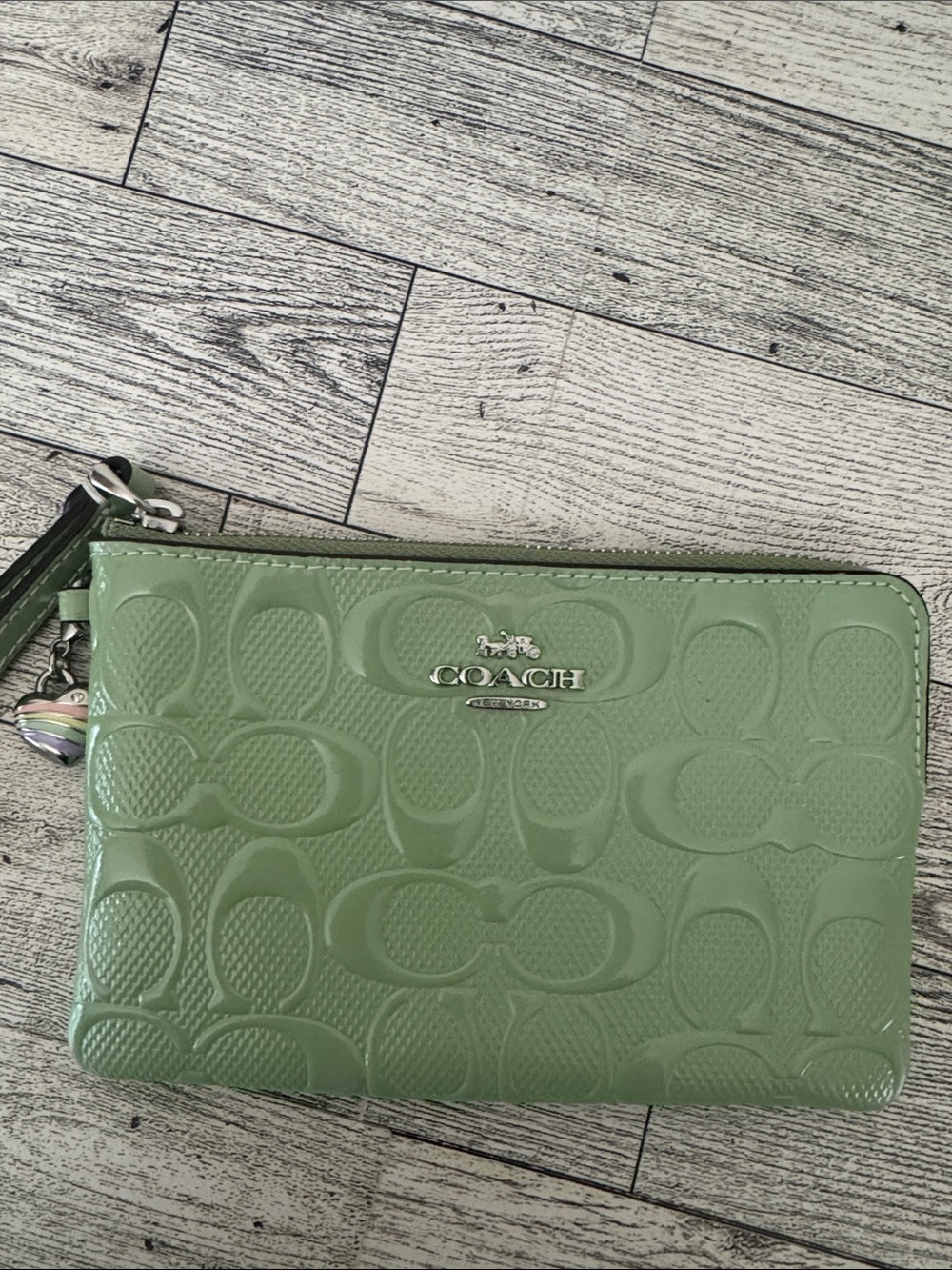 Coach Pale Green Patent Signature Zip Wristlet NWT